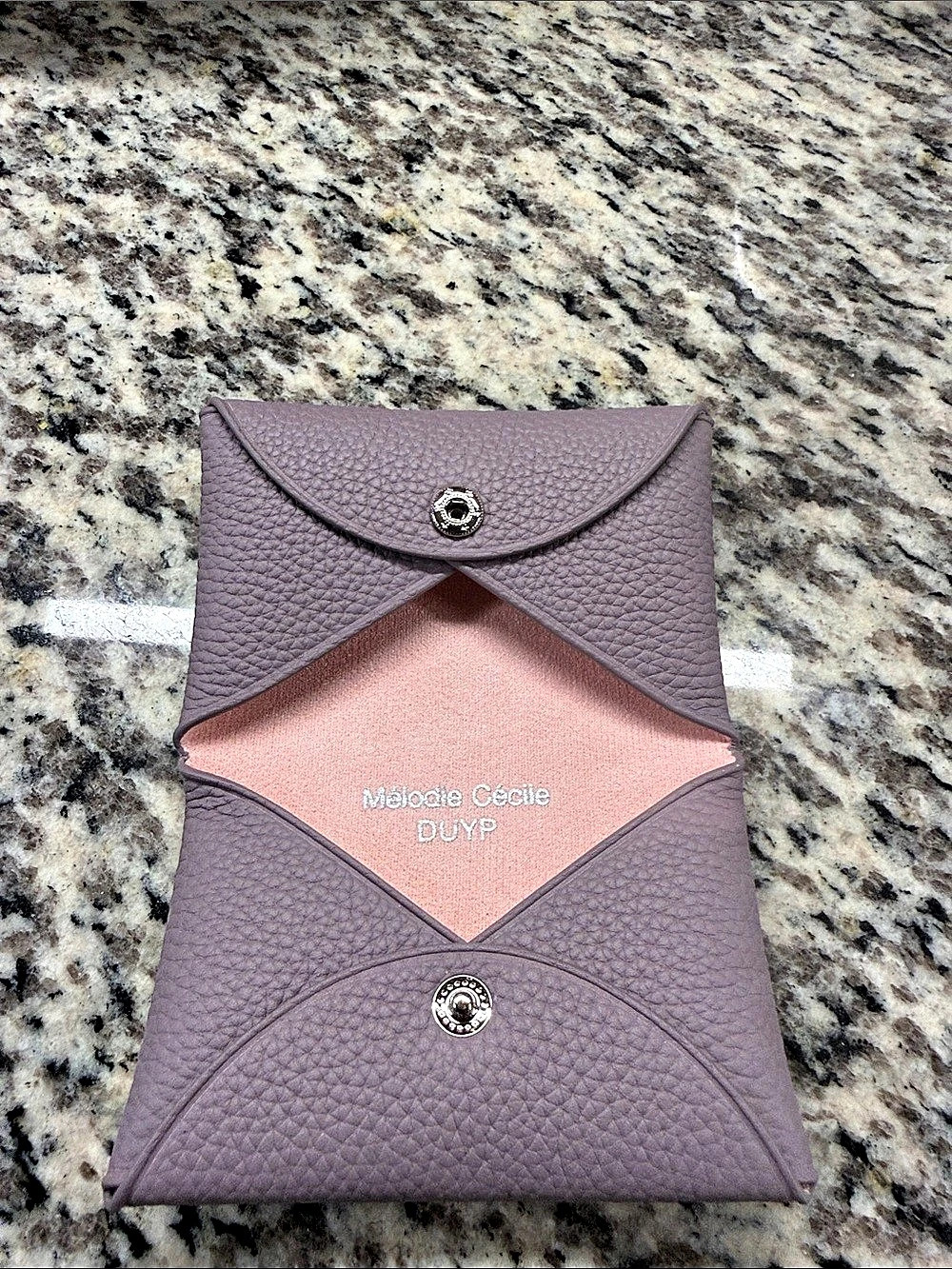 DUYP - dress up your purse
  Purple & Pink card holder.  Pebbled leather
